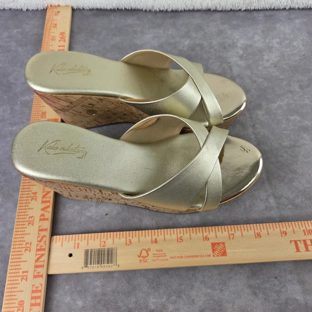Kala Niketan Gold Metallic Cork Wedge Sandals Platform Slides Womens